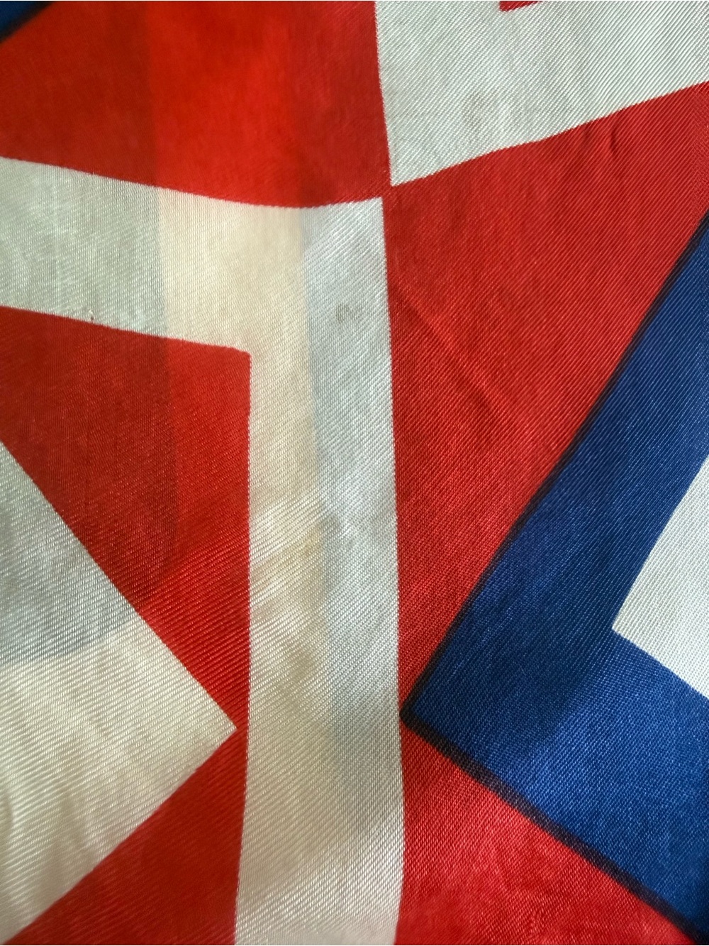Bold Red Geometric Silk Scarf with Navy and Cream Accents - Picture 4 of 10